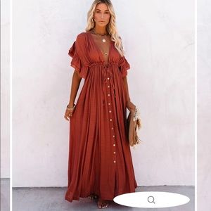 ANIKA POCKETED BUTTON DOWN RUFFLE MAXI DRESS - TERRACOTTA